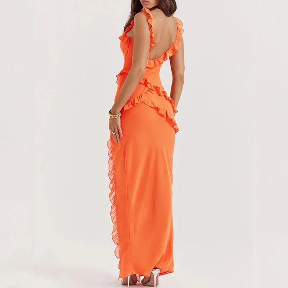 Emily – Flowy Ruffle Dress with Swirl Neckline