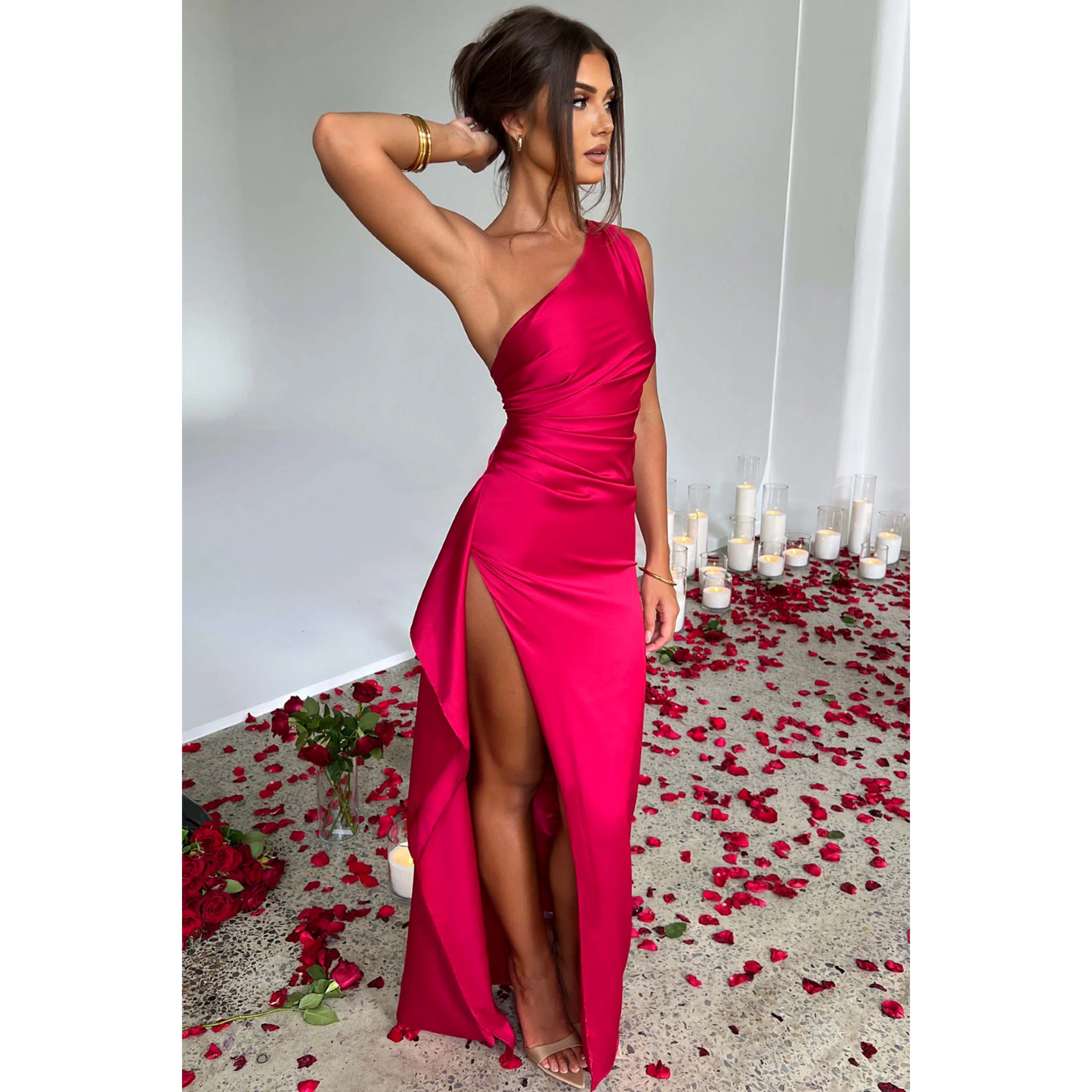 Hannah – Satin Dress with Asymmetric Neckline