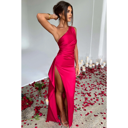 Hannah – Satin Dress with Asymmetric Neckline