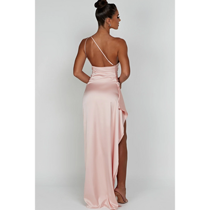 Hannah – Satin Dress with Asymmetric Neckline