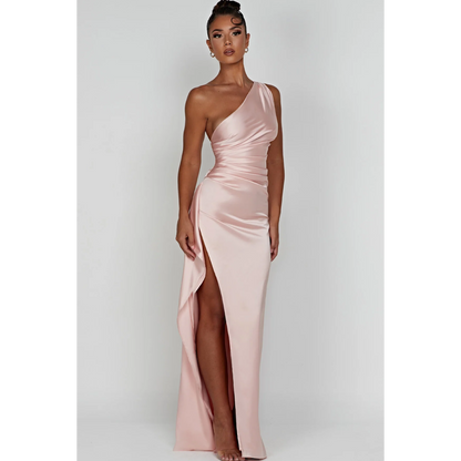 Hannah – Satin Dress with Asymmetric Neckline