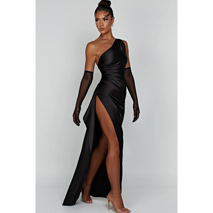 Hannah – Satin Dress with Asymmetric Neckline