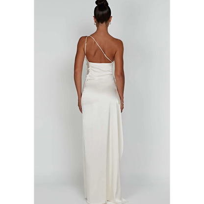 Hannah – Satin Dress with Asymmetric Neckline