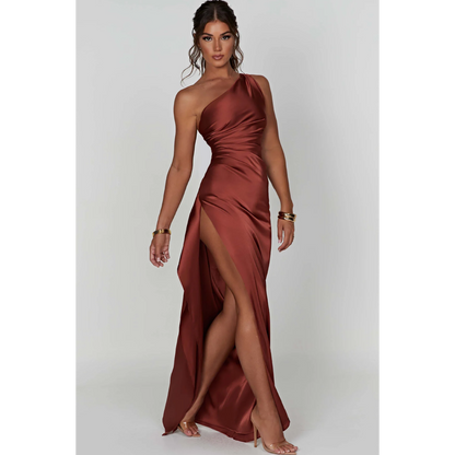 Hannah – Satin Dress with Asymmetric Neckline
