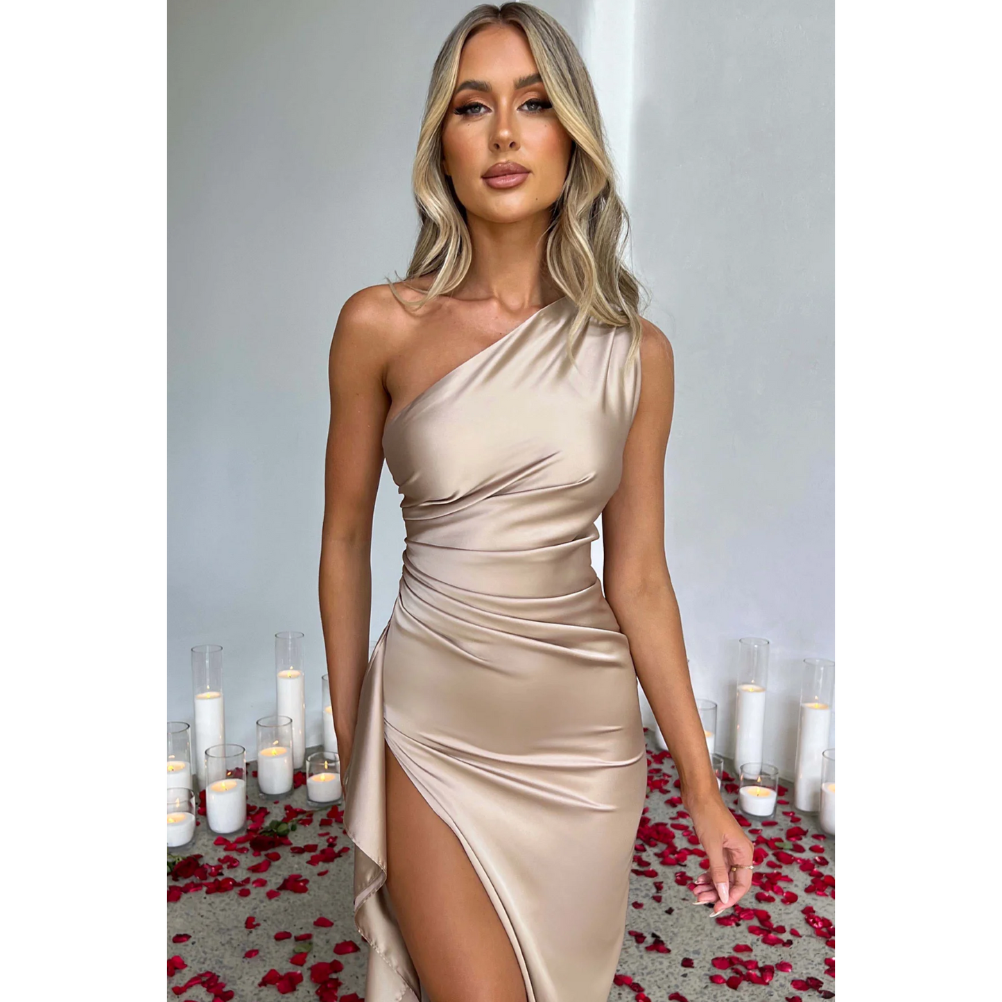 Hannah – Satin Dress with Asymmetric Neckline