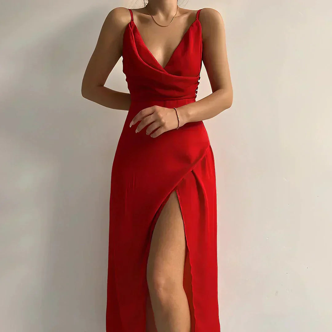 Victoria – Satin Maxi Dress with Waterfall Neckline