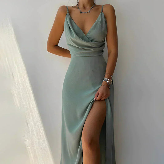 Victoria – Satin Maxi Dress with Waterfall Neckline