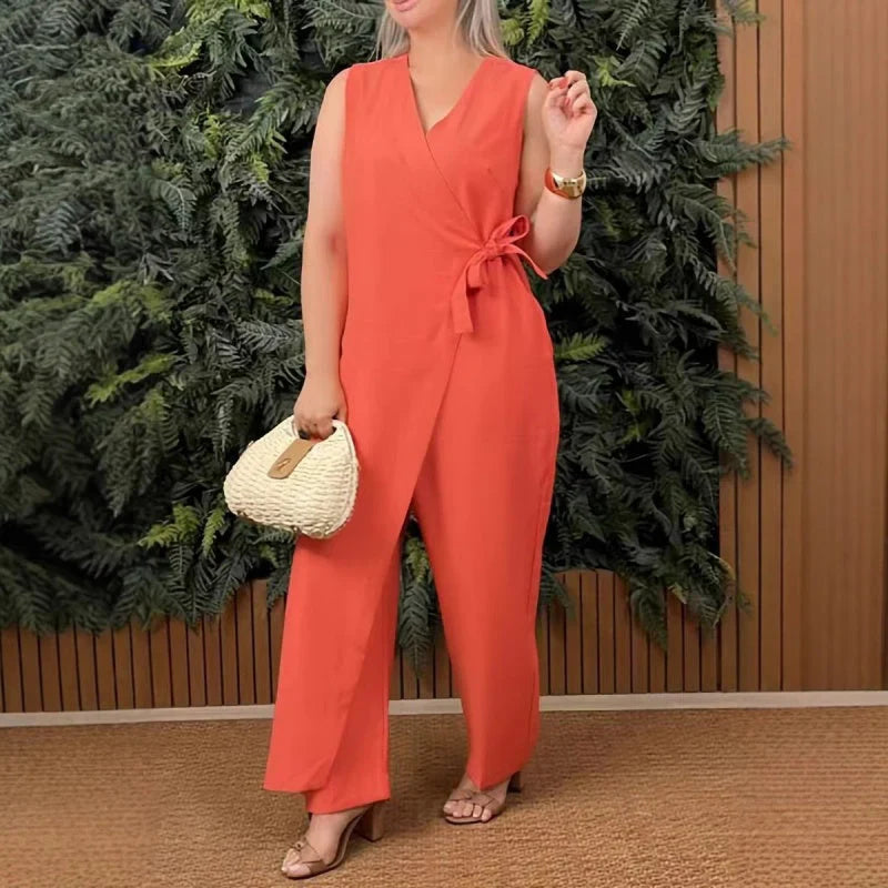 Anna – Elegant V-Neck Jumpsuit with Tie Belt