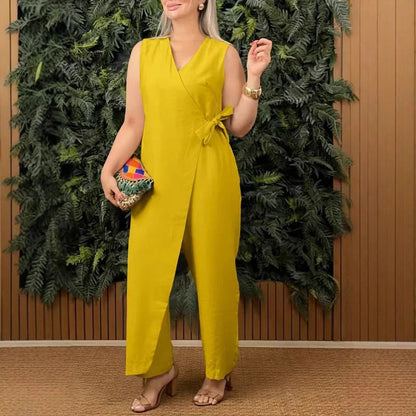 Anna – Elegant V-Neck Jumpsuit with Tie Belt